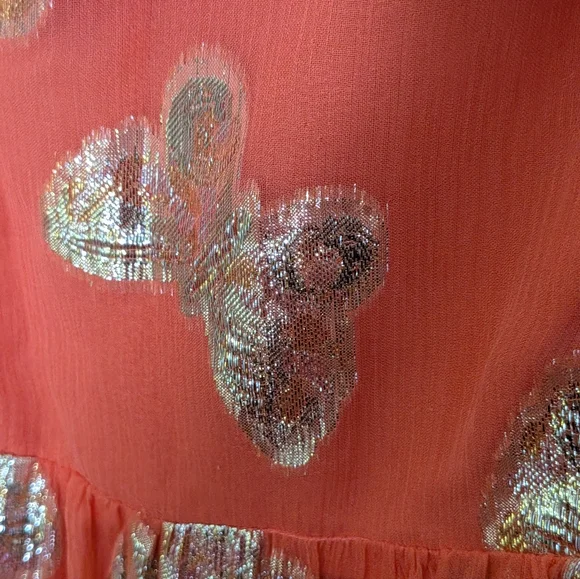 Juicy Couture Silk Blend Coral Gold Metallic Butterfly Maxi Dress - Picture 5 of 7
